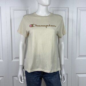 CHAMPION women's medium Cream t-shirt with pink and tan logo